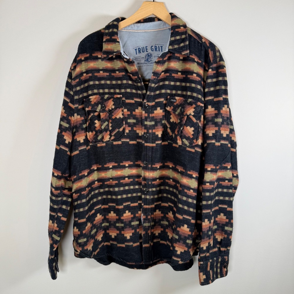 True Grit‎ Men's Fleece Button Up Shirt Top Jacket Shacket Aztec Southwestern XL